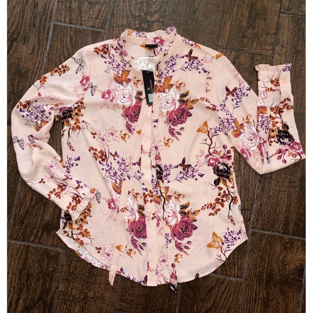 Worthington Womens S Floral Chiffon Top Collared Button Barbie Cottage Blouse